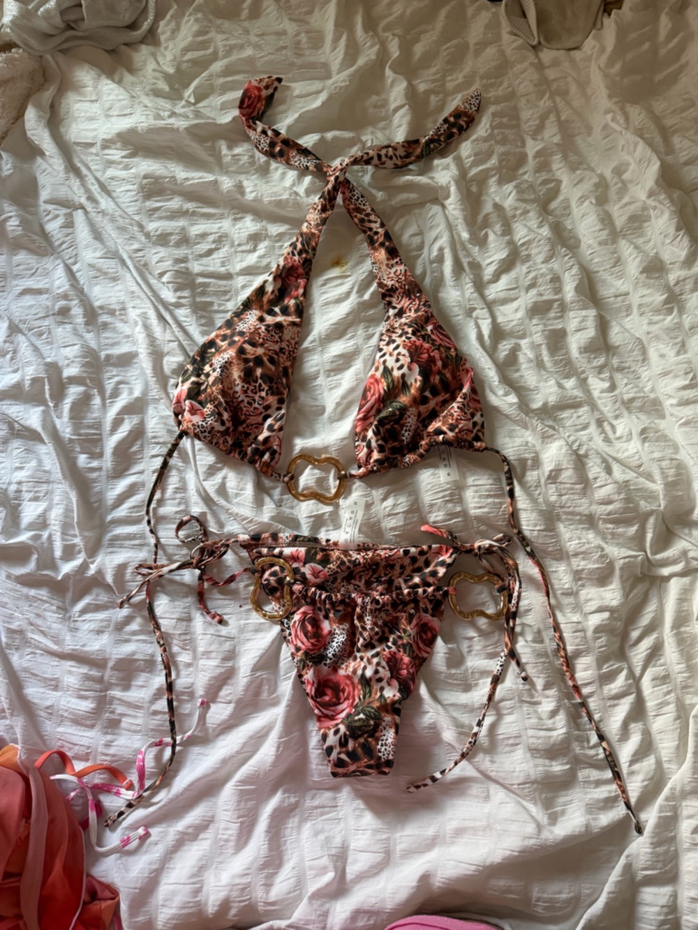 Amazon Women's Floral Leopard Print Halter Bikini in Pink and Brown